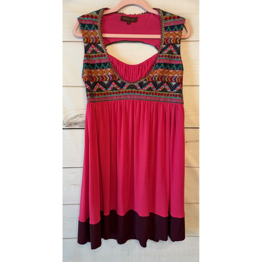 Ranna Gill Pink Embroidered Beaded Open Back Mini Dress Small Boho Tribal Hem